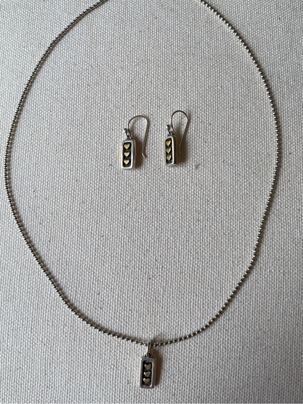 Vintage Far Fetched Mixed Metal Sterling Silver 3-Heart Necklace & Earrings Set